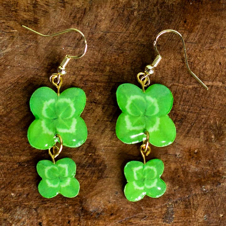 Lucky Shamrock 4-Leaf Clover Double Dangle Earrings | Leaf Earrings | Plant Earrings for wholesale by For the Love of Foliage