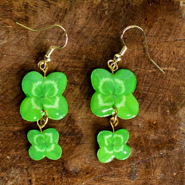 Lucky Shamrock 4-Leaf Clover Double Dangle Earrings | Leaf Earrings | Plant Earrings for wholesale by For the Love of Foliage