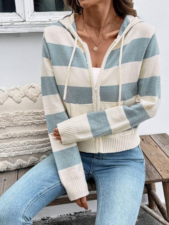 Striped Zip-Up Hoodie with Relaxed Fit and Front Pockets for wholesale by Anna Kaci Wholesale