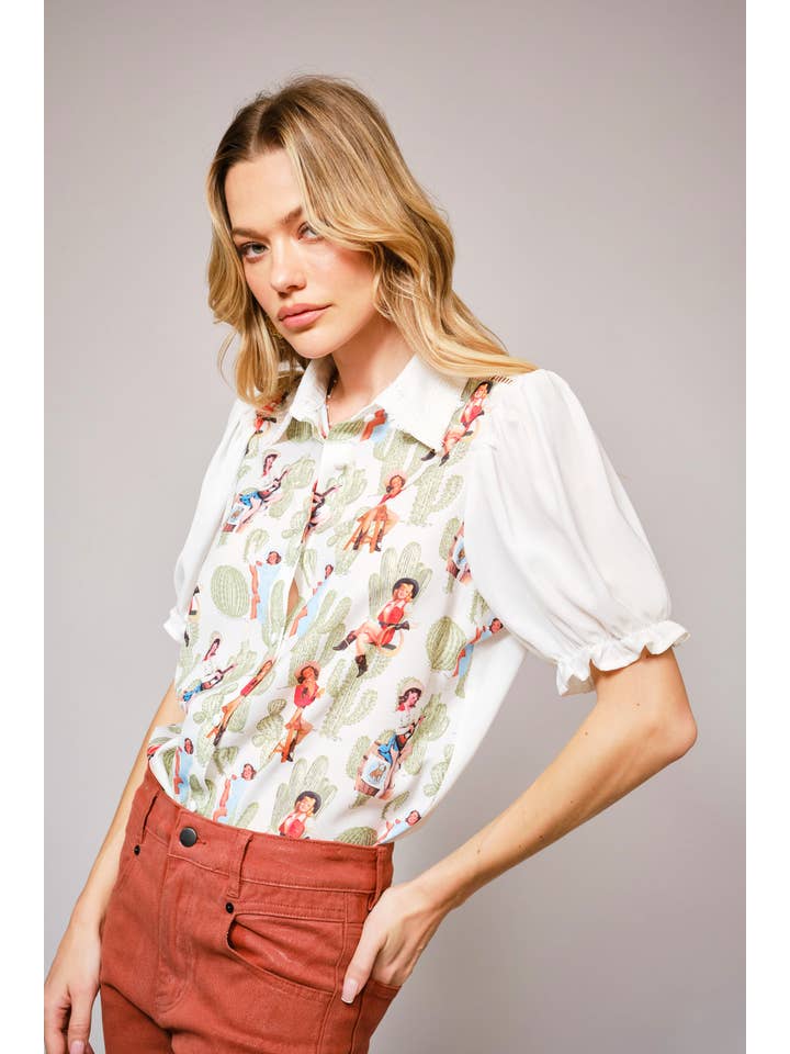 GEBROKEN WIT 36700T - Pin-up meisje cactusprint blouse met kanten kraag voor groothandel op Faire