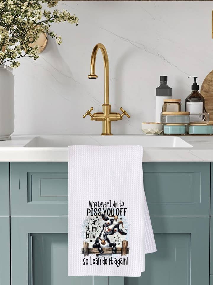 Funny Cow Kitchen Towel - Microfiber Waffle Weave Gag Gift for wholesale by Saints Place Designs