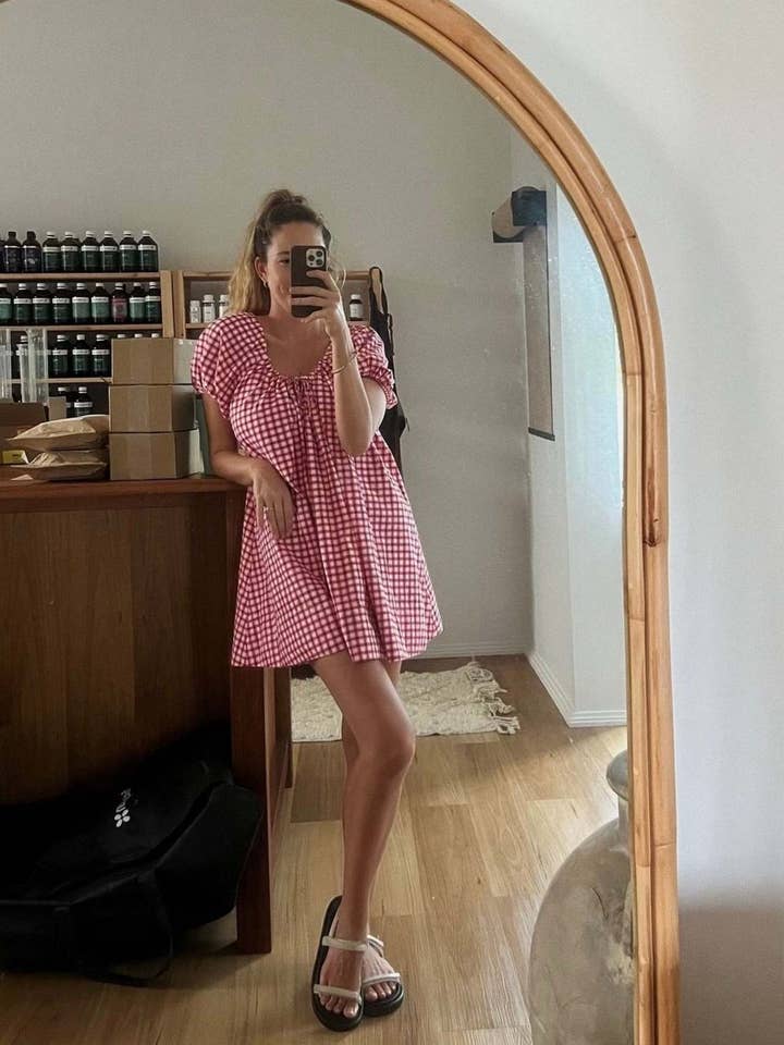 Rosa Clothing - Wholesale Dress - Women's - Rose Bloom Floral Red Gingham puff sleeve babydoll dress