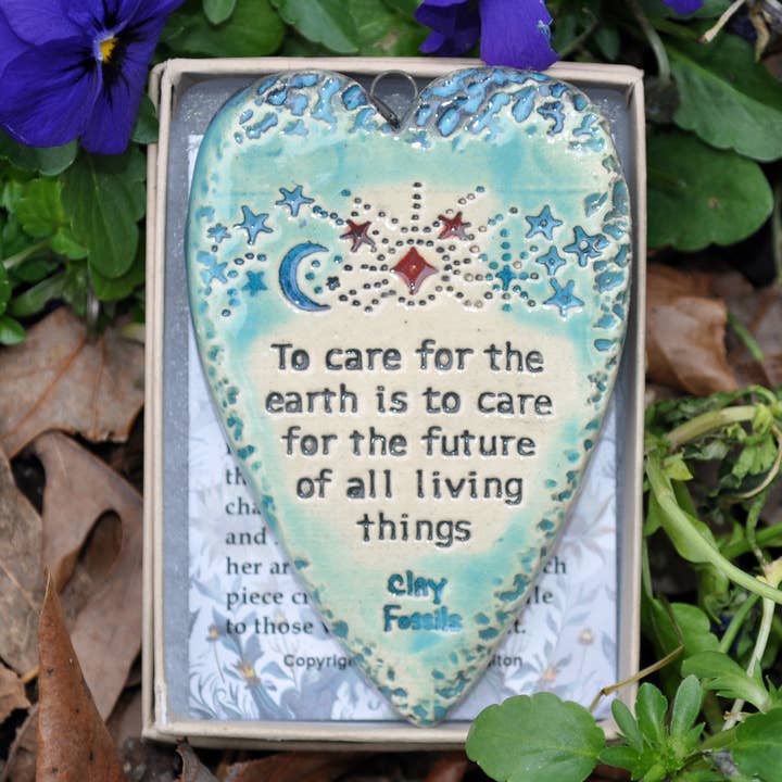 Earth Care, verse , pottery ornament, USA, gift, handmade for wholesale by Clay Fossils