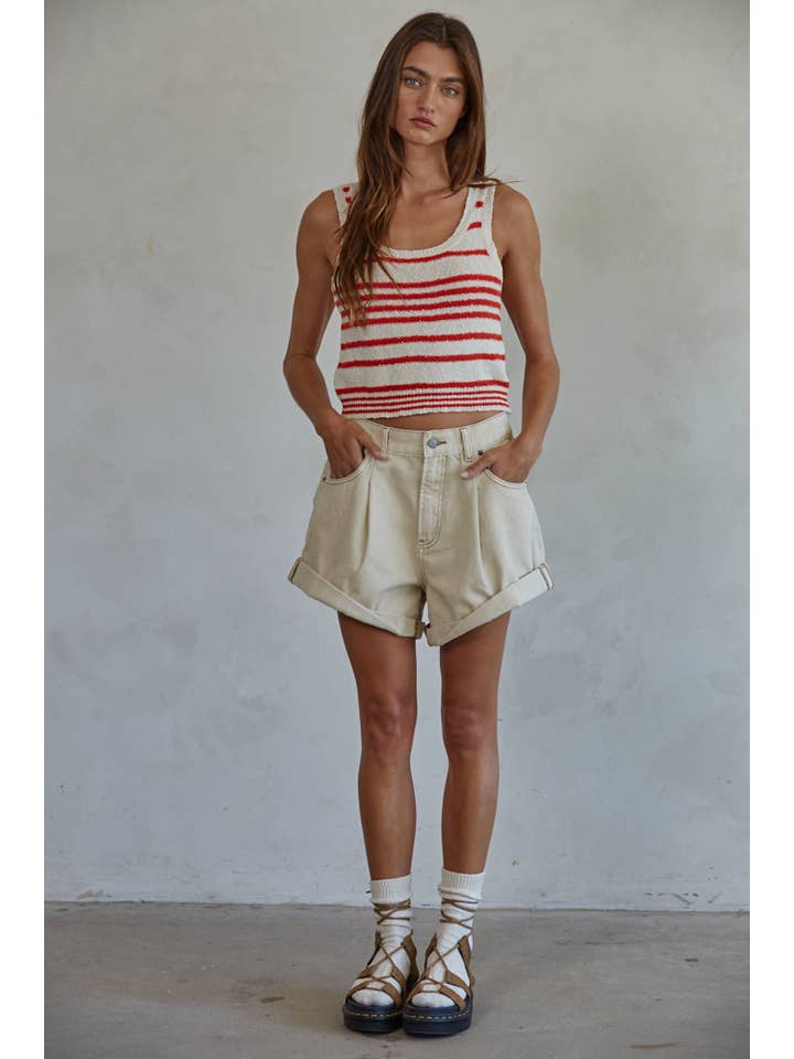 By Together - Wholesale Tank Top - Women's - W1858 | Knit Sweater Cotton Striped Round Neck Tank Top