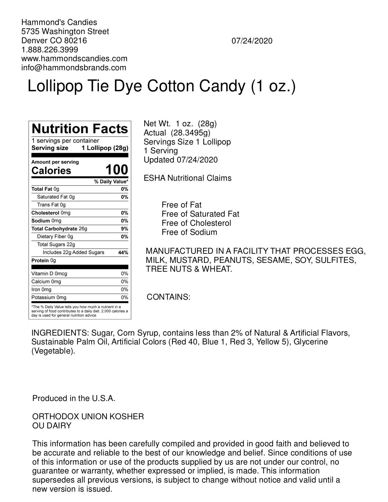 Hammond's Candies - Wholesale Lollipop - Handmade Lollipop - Tie Dye Cotton Candy - 1 oz1