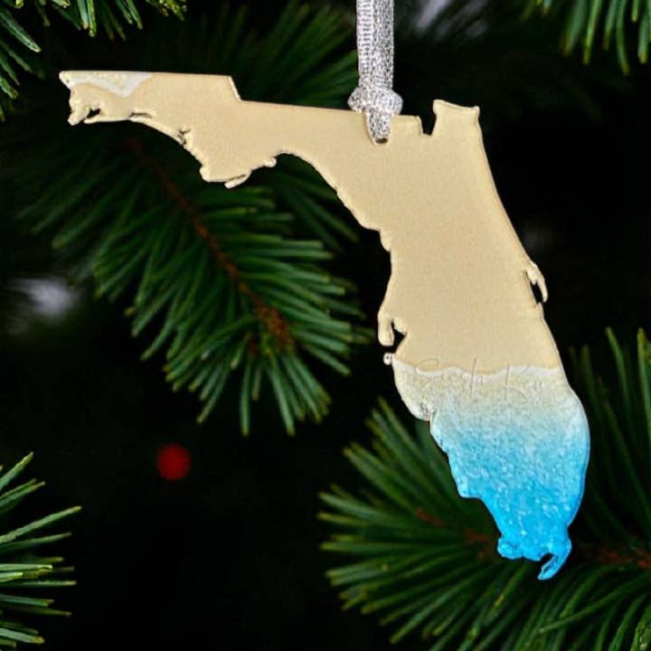 Florida Shaped Coastal Beach Ocean Acrylic Holiday Ornament for wholesale by Gulf Coast Custom