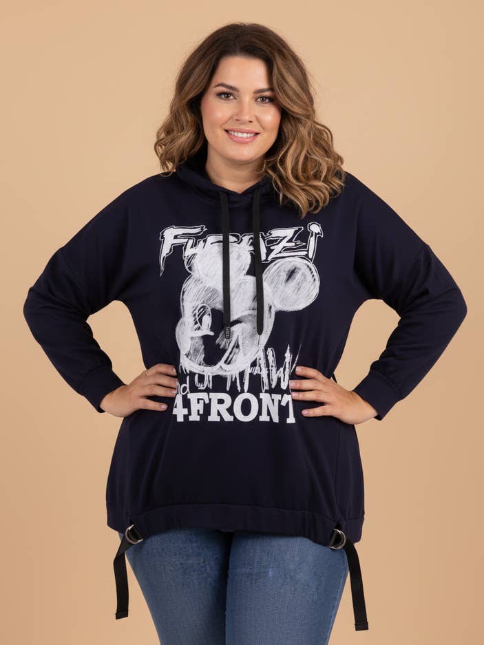 Plus-size hoodie with blue graffiti (T05557) for wholesale by Pomme Rouge Paris
