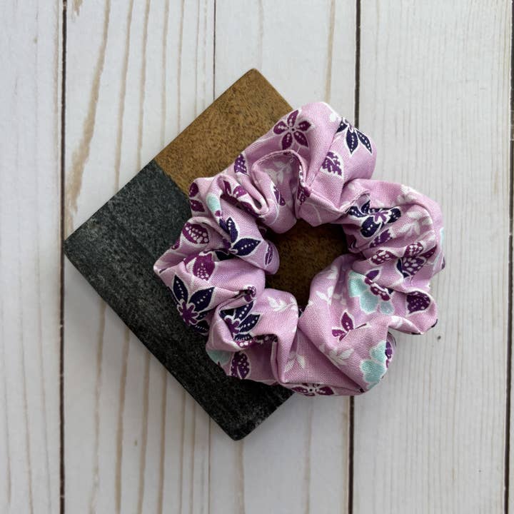 Pink with Purple Flowers Handmade Scrunchie for wholesale by QuietJoy