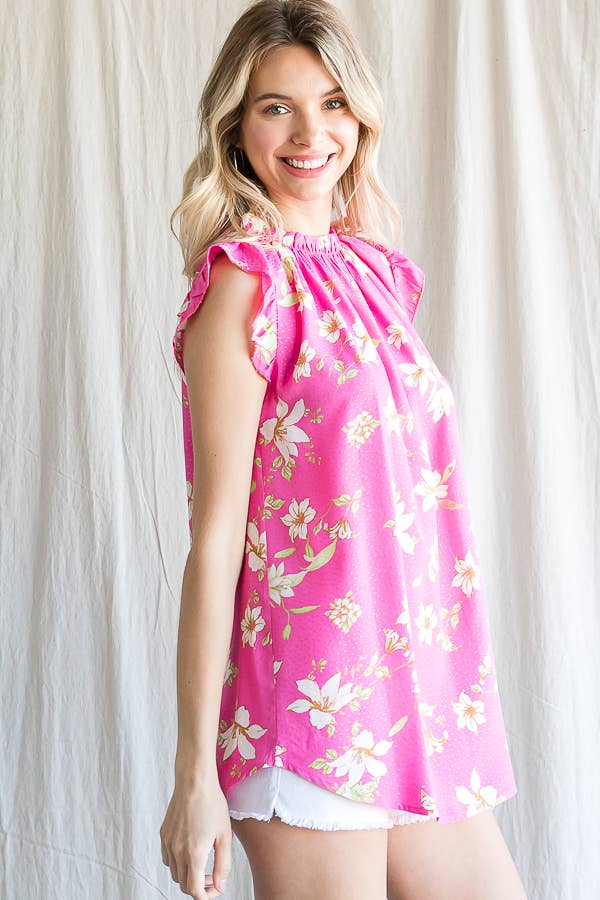 7th Ray - Wholesale Blouse - Women's - Boho Floral Ruffle Sleeve  Shirred Neckline Blouse T479316