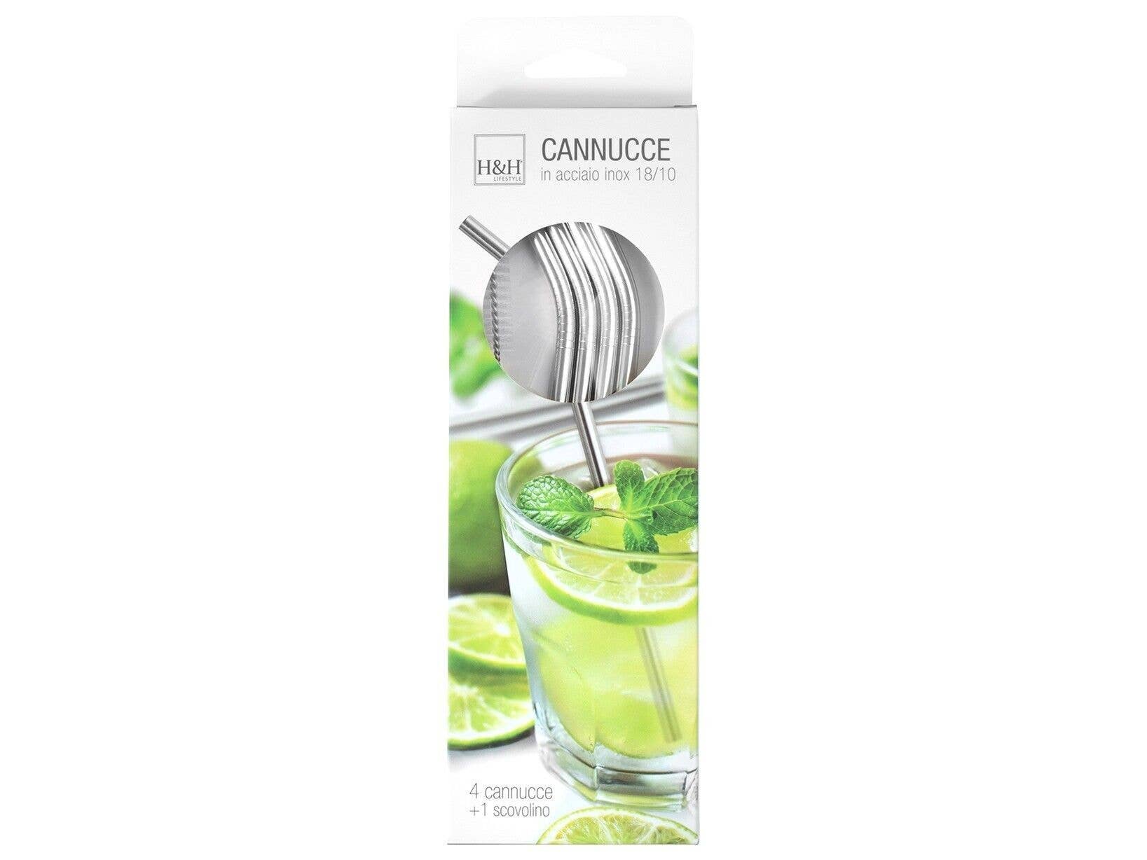 H&H - Wholesale Drinking Straw - Set of 4 Curved Straws in 18/10 Stainless Steel with Cleaning Brush2