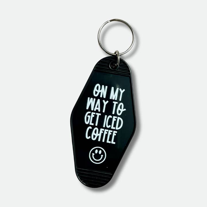 On My Way to Get Iced Coffee Retro Motel Keychain for wholesale by One Oliver