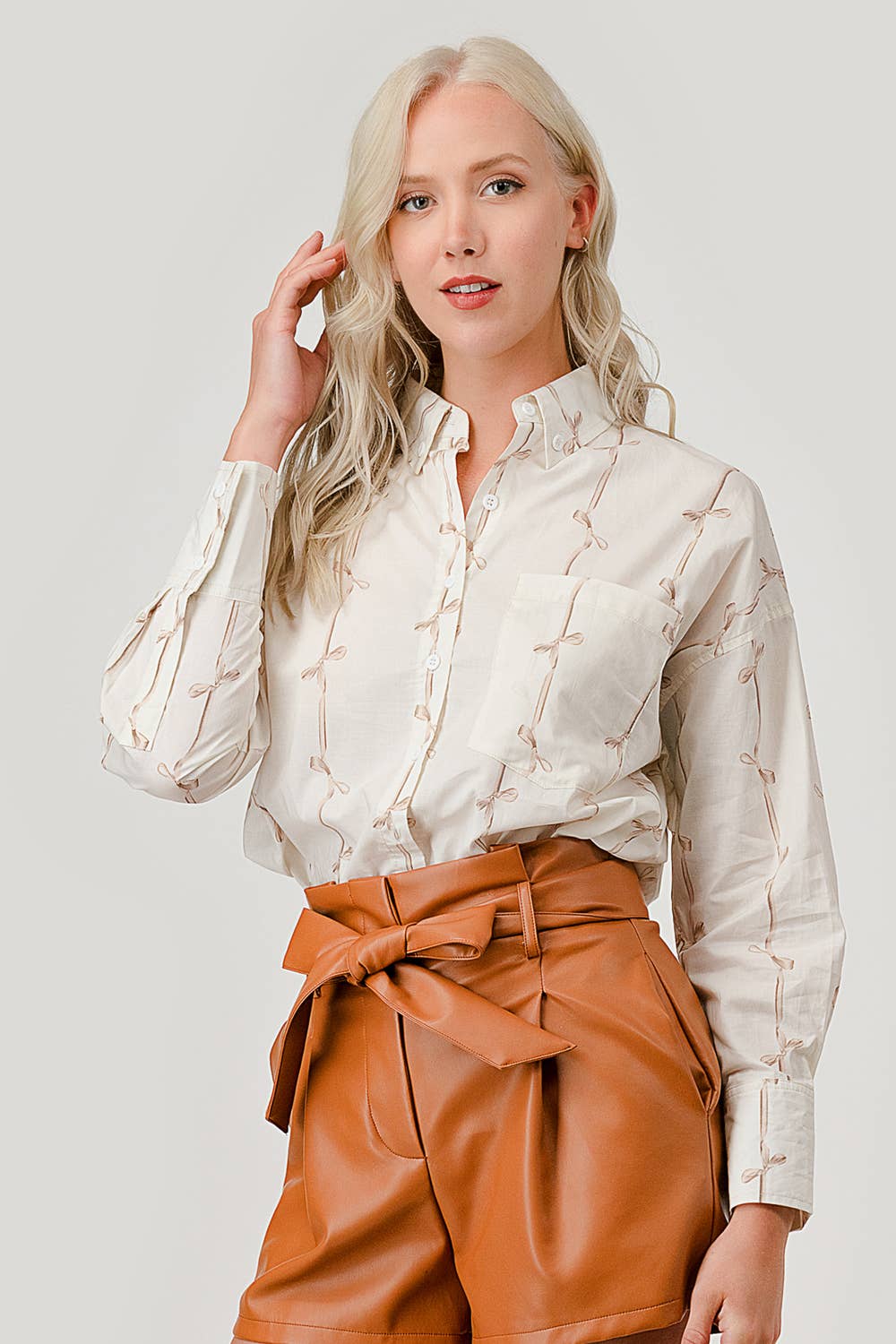 GeeGee x Lovelo - Wholesale Button Down Shirt - Women's - Ribbon Stripe Pattern Button-Up Shirt, OT5091827