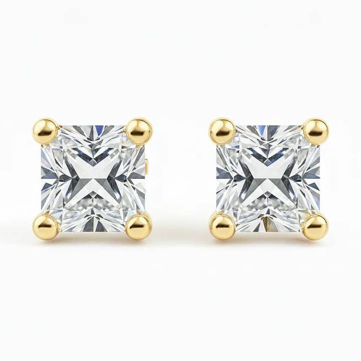 IGI Certified Princess Cut Lab Grown Diamond Solitaire Stud Earrings Yellow Gold for wholesale by Fine Diamond