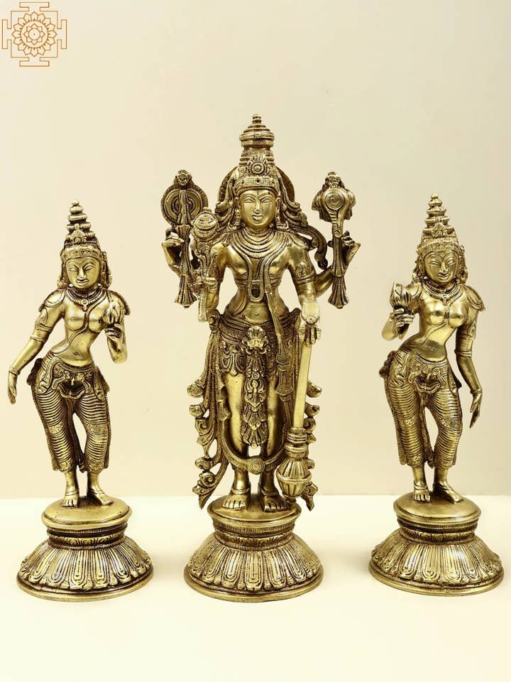 Seigneur Vishnu de 13 pouces avec Shridevi et Bhudevi | Statue faite à la main pour la vente par Exotic India Art