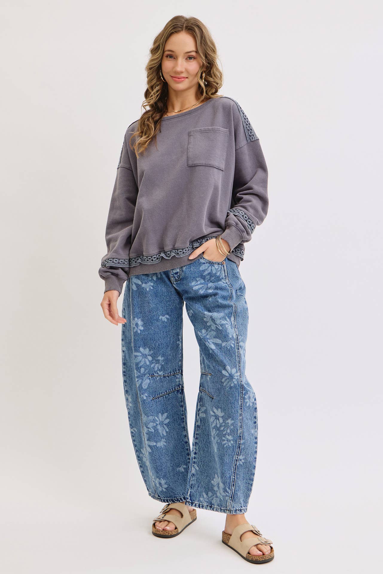 FLORAL PRINT DENIM BARREL JEANS for wholesale on Faire19