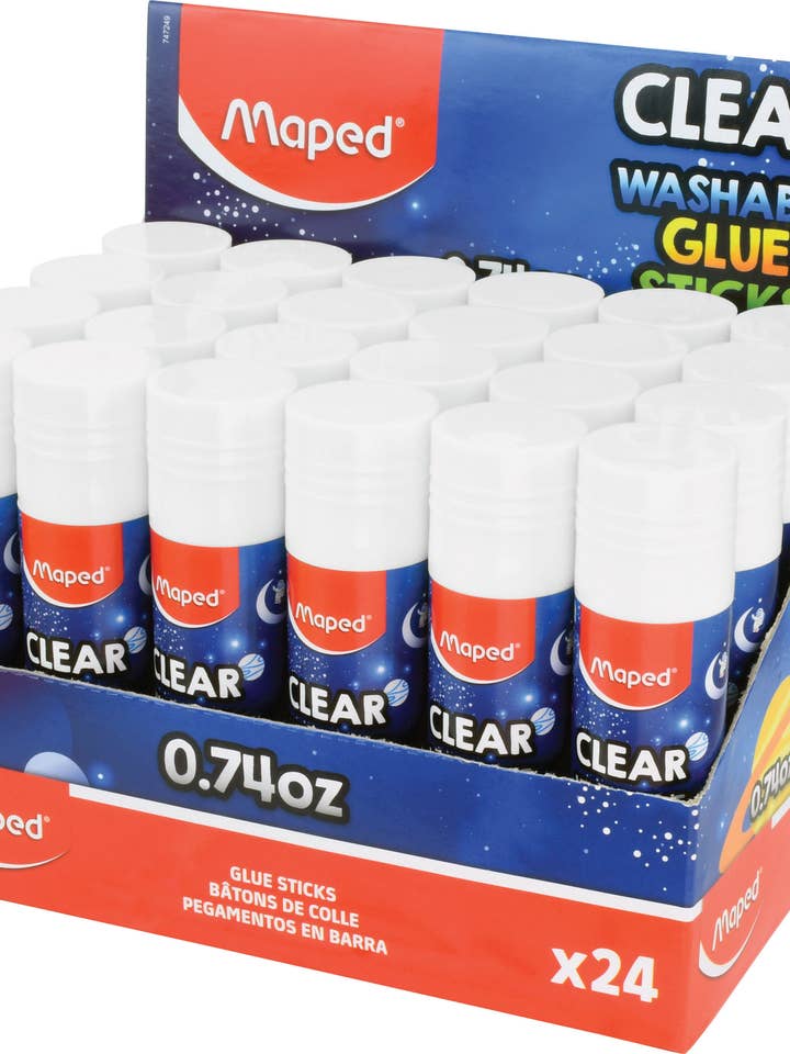 Essentials Clear Washable Glue Stick Display x24 - 0.74oz for wholesale by Maped Helix USA
