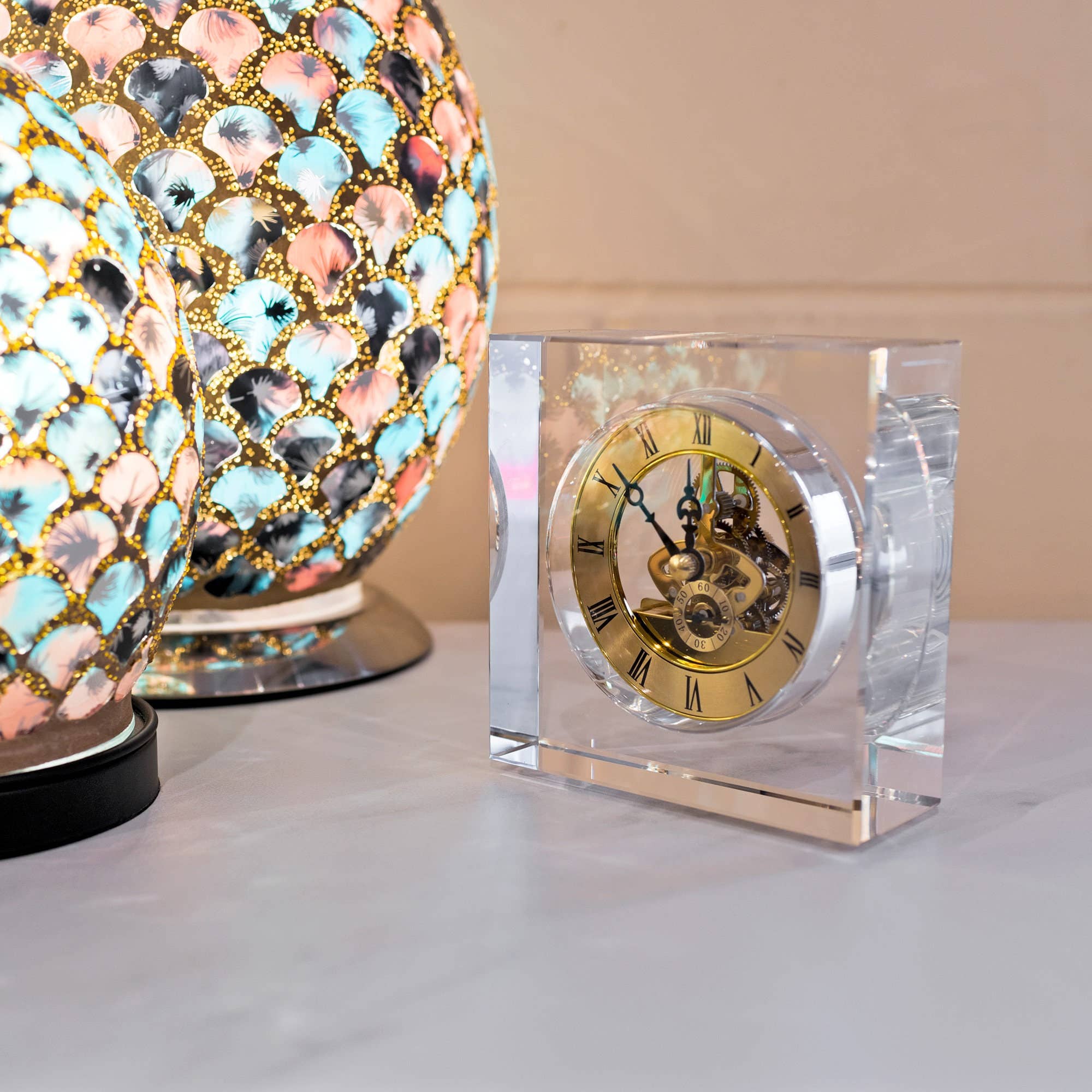 Febland - Wholesale Desk Clock - Crystal Glass Square Retro Mantle Clock Home Decor1