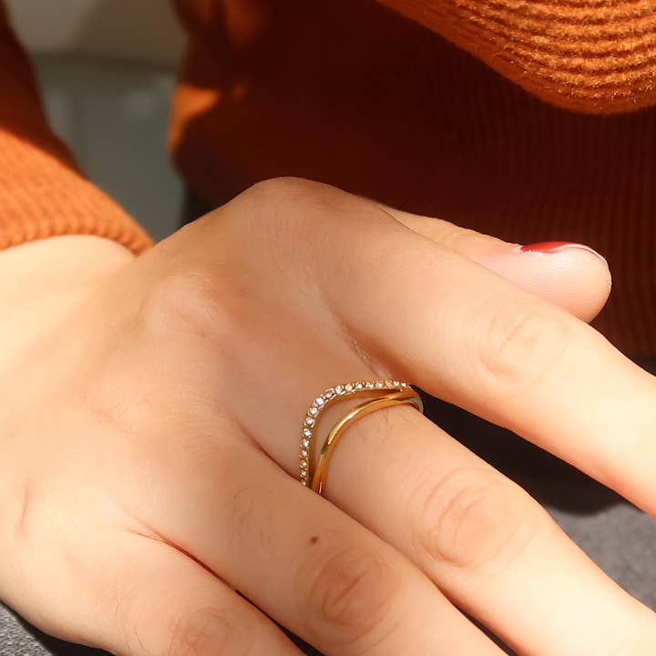 Orleans 18K Gold Non-Tarnish Layered V Rhinestone Ring for wholesale on Faire