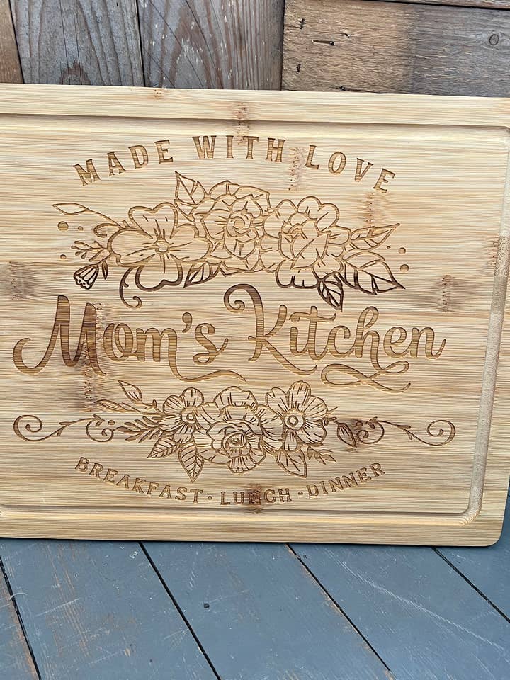 Cutting board laser engraved moms kitchen for wholesale by Rustic Home Co LLC