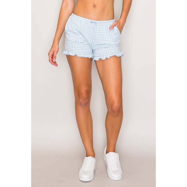 Daisy Mini Chk Blue Wht Printed Ruffle Hem Shorts with Satin Bow for wholesale on Faire