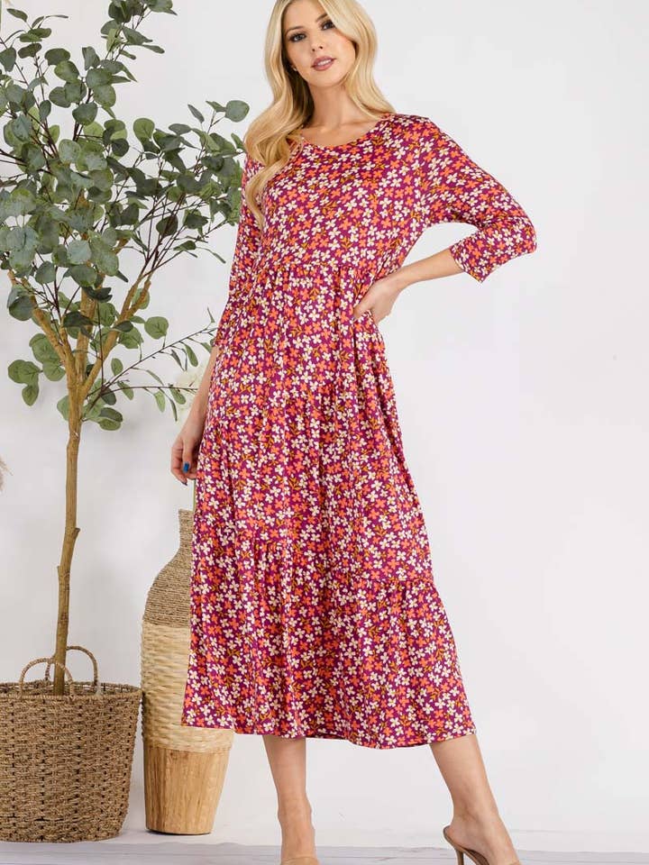 MAGENTA FLORAL TIERED MIDI-DRESS MISSY & PLUS SIZE -CD43848E for wholesale on Faire
