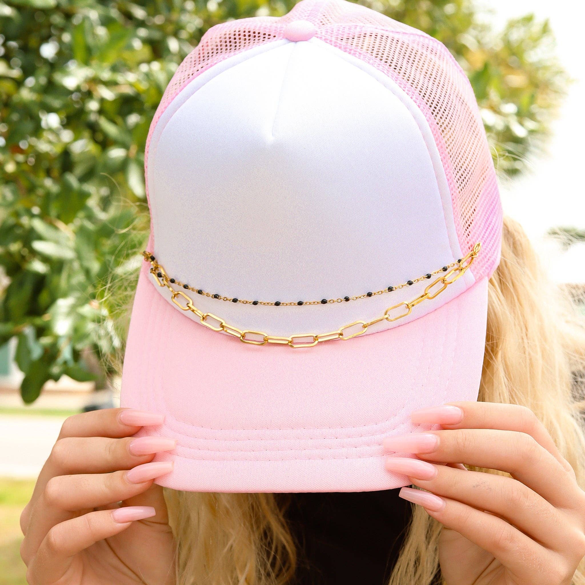 WJW – wholesale Hat accessory – Women's – Trucker Hat Chain: Paperclip and Satellite Layered Chain Set1