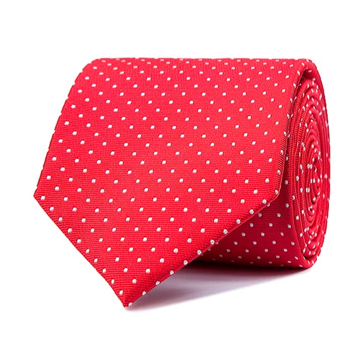 Cravatta rossa in seta a pois bianchi per la vendita all'ingrosso da parte di Ox Gemelos