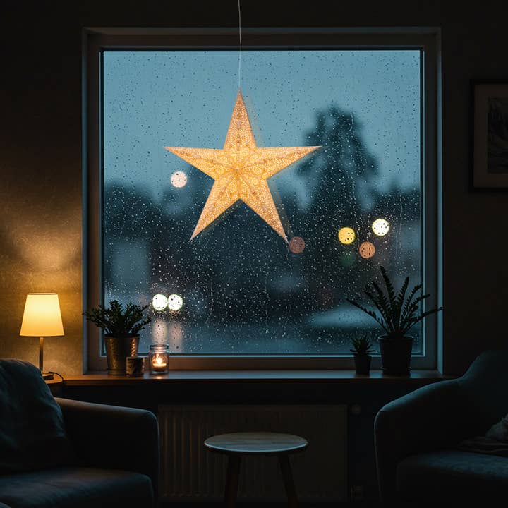 Artschatz LLC - Venta al por mayor Lámpara/farol de papel - Linterna Gaudí con 5 puntas, 24 pulgadas, papel gris y blanco1