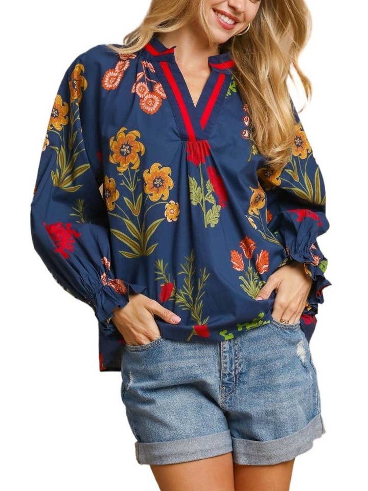 Vanilla Monkey - Wholesale Blouse - Women's - Floral Print V Neck Open Collar Top