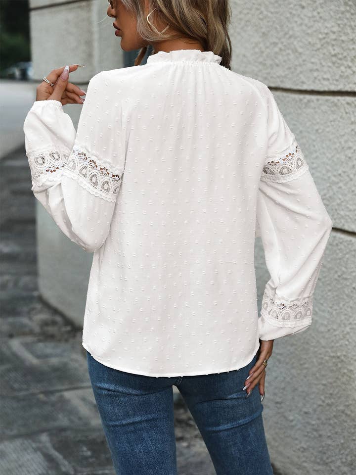 White Long Sleeve Splicing Jacquard Shirt Women for wholesale on Faire