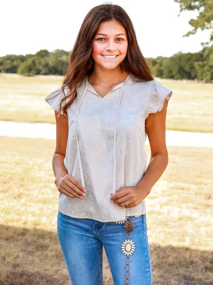 Total Cutie Beige Ruffle Top with Lace for wholesale by GRACE+EMMA by Southern Grace