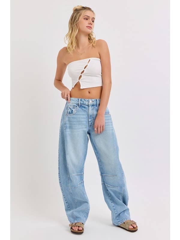 Light Denim 19641BR-LT-Mid Waisted Five Pocket Barrel Jeans for wholesale on Faire6