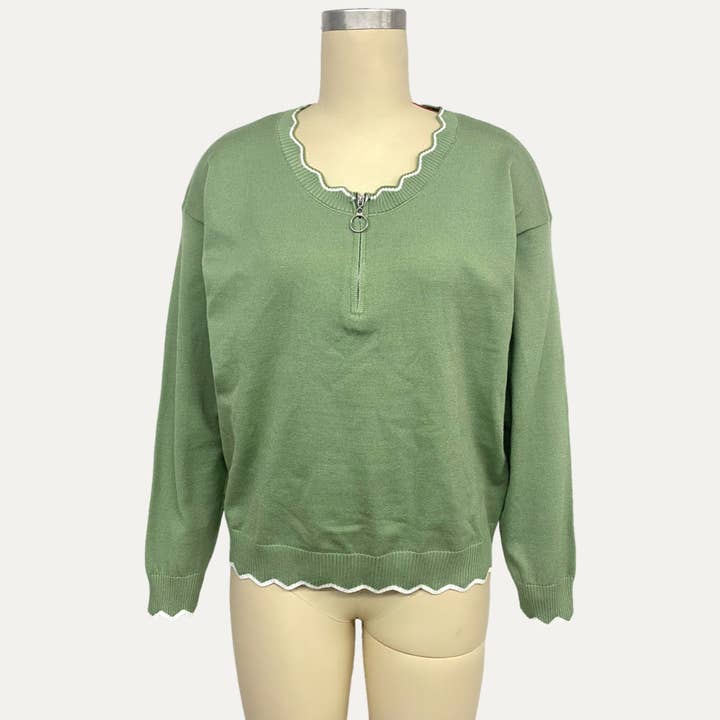 Verde salvia Adorabile maglione in maglia a maniche lunghe con zip verde salvia in vendita all'ingrosso su Faire
