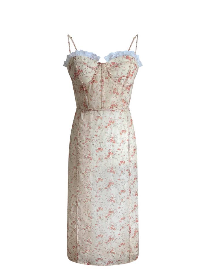 Robe midi bustier en chiffon à motif floral pour la vente par Ariti Kaziris