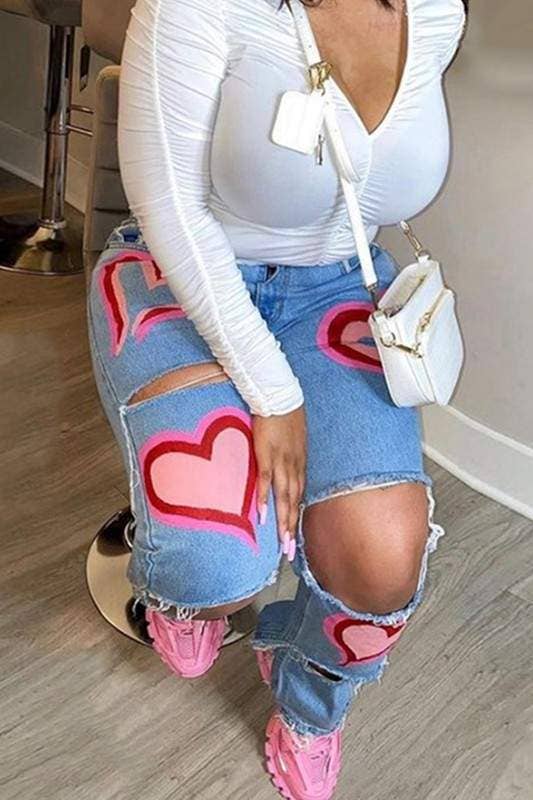 Fashion Combination – wholesale Pants – Women's – heart cutout ripped denim jeans1
