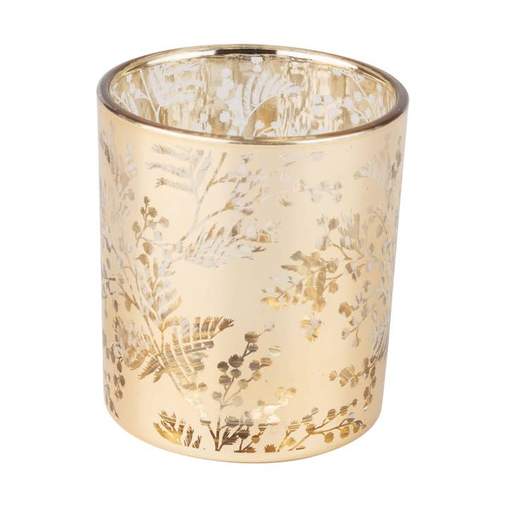 Silver Tree Home & Holiday - Wholesale Candle Holder - G60043: Glass t-light hldr,gld,leaves&berries,gld int,3in0