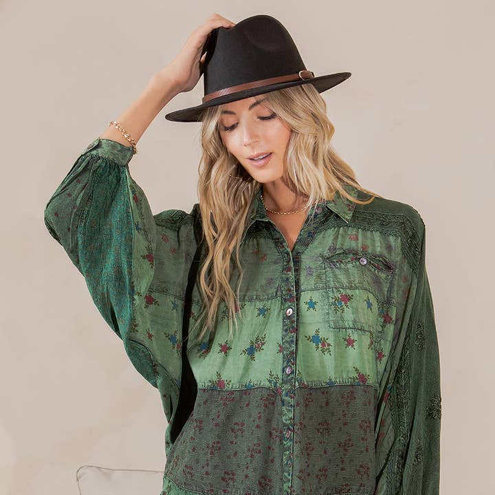Young Threads - Wholesale Button Down Shirt - Women's - Women’s Mix Media Top - Printed Patchwork Design