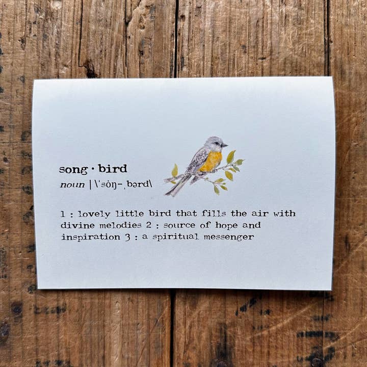 carte de vœux avec la définition de passereau en police de machine à écrire pour la vente par Alison Rose Vintage