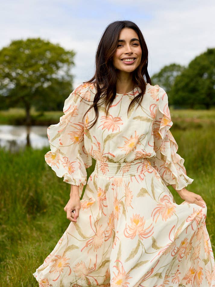 Mia Ruffle Sleeve Moonflower Print Midi Dress In Cream for wholesale by Lily and Lionel