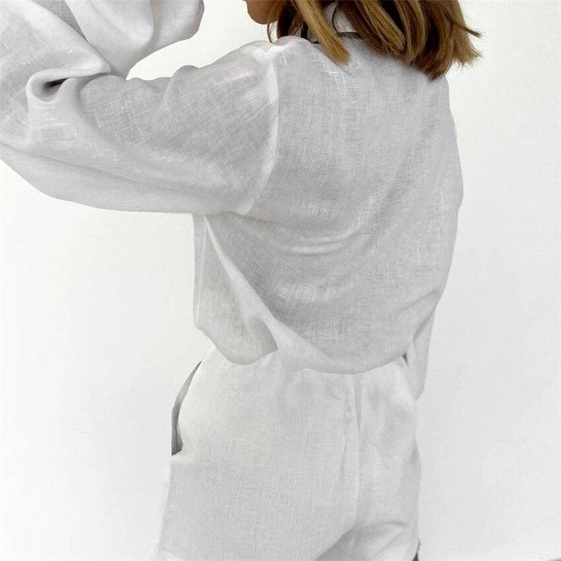 WHITE Loose Color Block Long Sleeve Shirt And Shorts Set for wholesale on Faire3