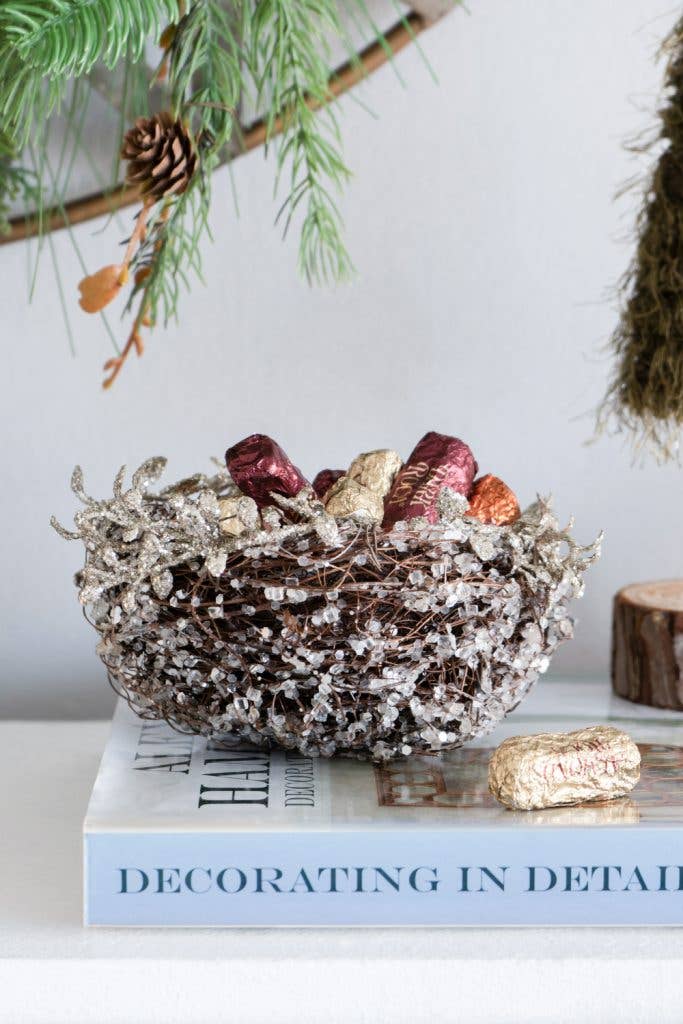 A&B Home Group Inc. - Wholesale Ornament - D6" IJzige Blad/Tak Vogelnest - Zilver1