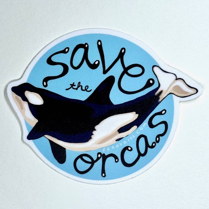 'Save the Orcas' Pacific Northwest Sticker- 3 " Vinyl for wholesale by Ferry Kiss Studio