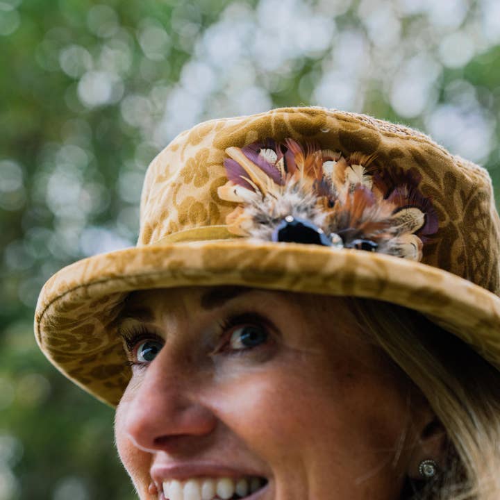 Proppa Toppa Hats - Wholesale Fedora - Women's - Mustard Vintage Velour & Chenille Small Brim with Feather Decoration.1