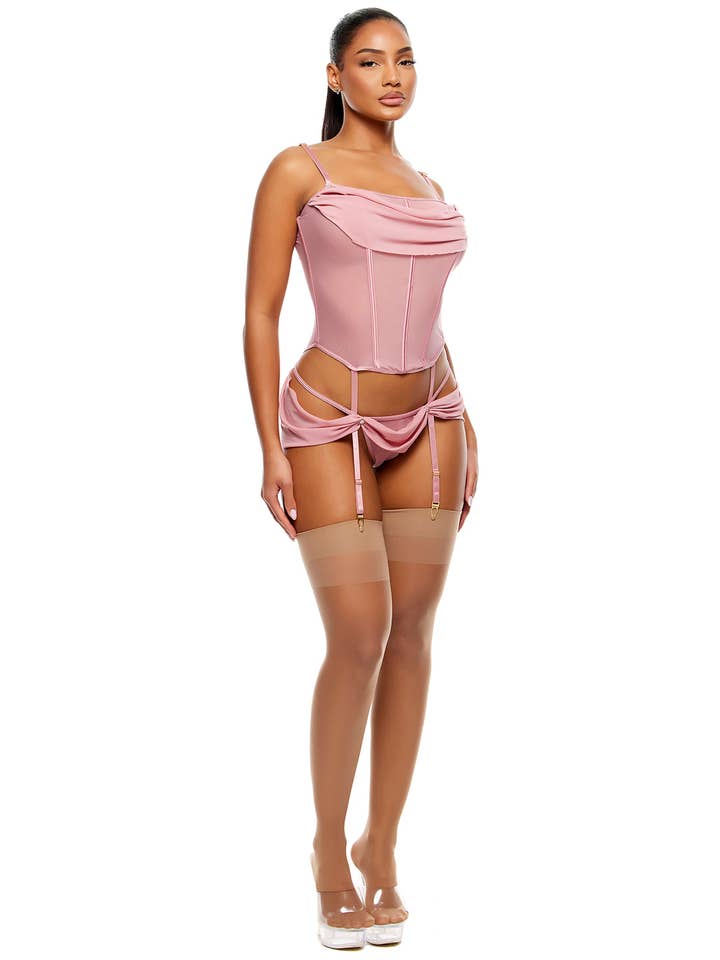 Princess Treatment Draped Mesh Bustier Lingerie Set - Mauve for wholesale on Faire2