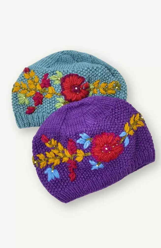 Ganesh Himal Trading - Wholesale Beanie - Women's - Cotton Knit Hat w/Flower Embroidery, fleece lined6