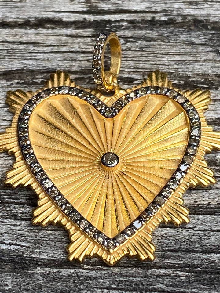 Gold and Silver Detailed Heart with Pave Diamond Border Pendant for wholesale by ILISSA MICHELE JEWELRY