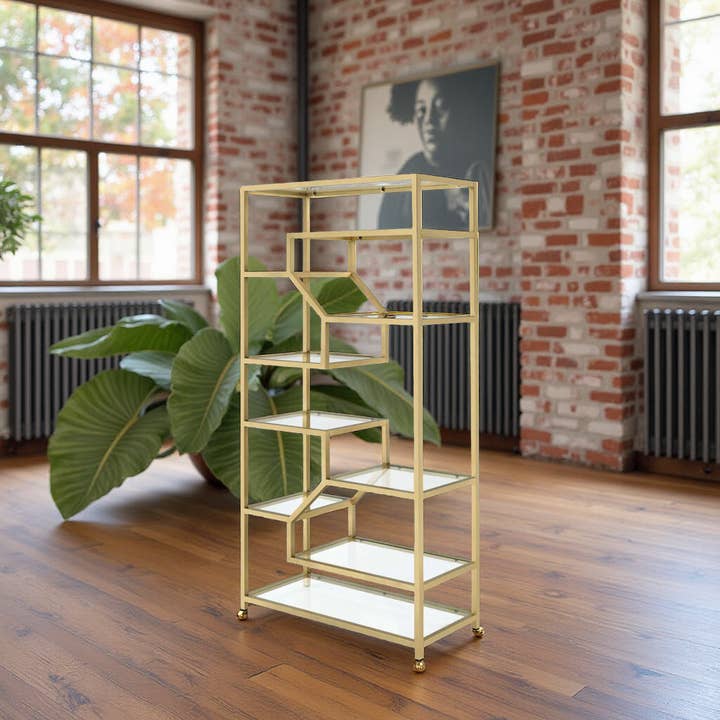 Greenwestons - Wholesale Bookcase - Modern 9-Shelf Gold Bookcase - 77"Height Glass Display Shelf5