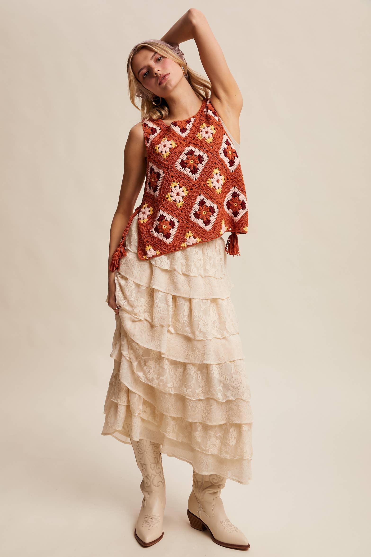 Listicle - Wholesale Sweater Vest - Women's - Crochet Granny Square Tassel Tie Vest LSW100635