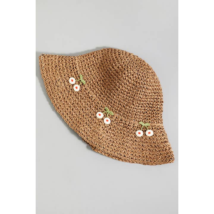 Girly - Wholesale Beanie - Women's - RAFFIA WOVEN CHERRY ACCENT BUCKET HAT1