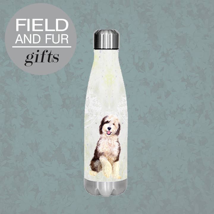 Shaun, Sheepadoodle, insulated water bottle for wholesale by Field and Fur Gifts